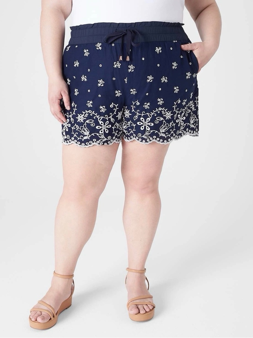 Lane Bryant Navy Shorts with White Floral Embroidery
